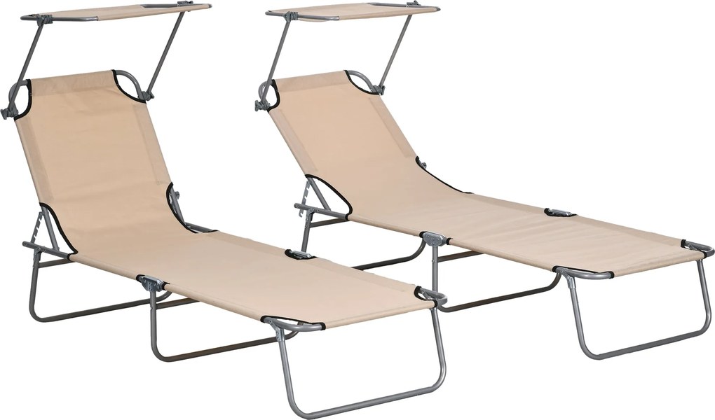 Outsunny Conjunto 2 Espreguiçadeiras de Jardim Dobráveis com Toldo Regulável, em Tecido Oxford e Metal, 187x58x36 cm, Castanho | Aosom Portugal