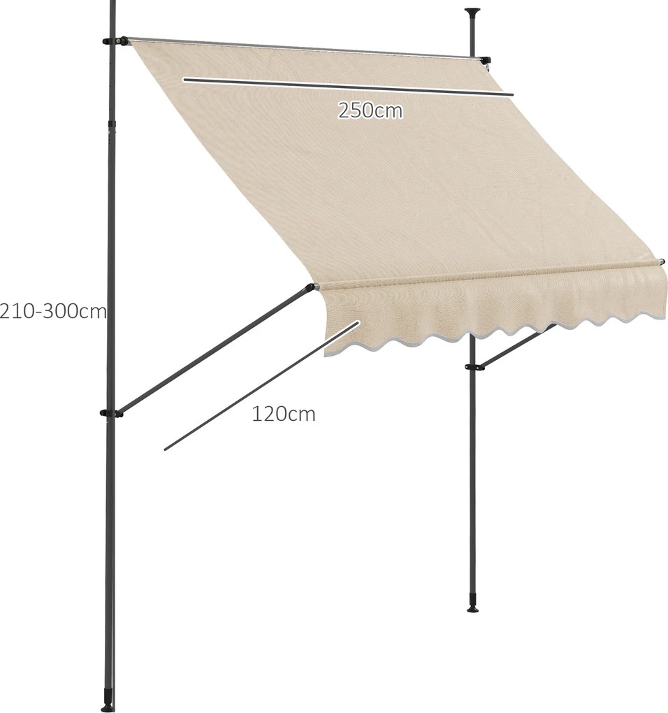 Toldo retrátil manual autoportante, 2,5 m (L) x 1,2 m (P) x 2,1–3 m (A), inclinação ajustável, metal, alumínio, poliéster, cor areia
