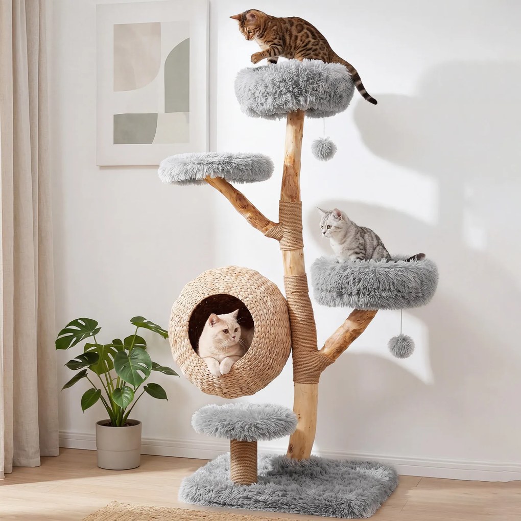 Árvore para Gatos de 5 Níveis, 59 x 59 x 134 cm, com Casota de Junco, Cinzento
