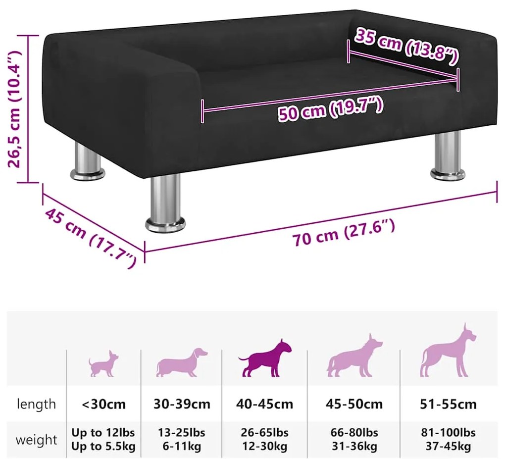 Cama para cães 70x45x26,5 cm veludo preto
