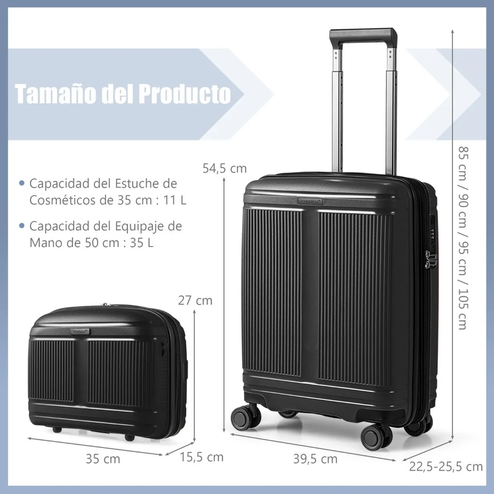 Conjunto 2 Malas de Viagem: mala de mão de 20“ e estojo cosmético de 14” com porta USB. Estrutura em PP com fechadura Preta