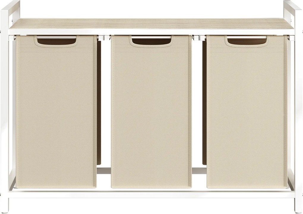 Cesto da roupa suja com 3 compartimentos, cesto com prateleira, 92,5 x 33 x 72 cm Bege