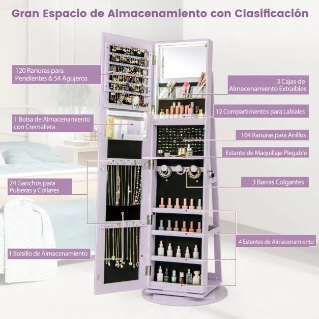 Armário joias giratório 360° com luzes LED Espelho de corpo inteiro 54,5 x 161 cm Púrpura