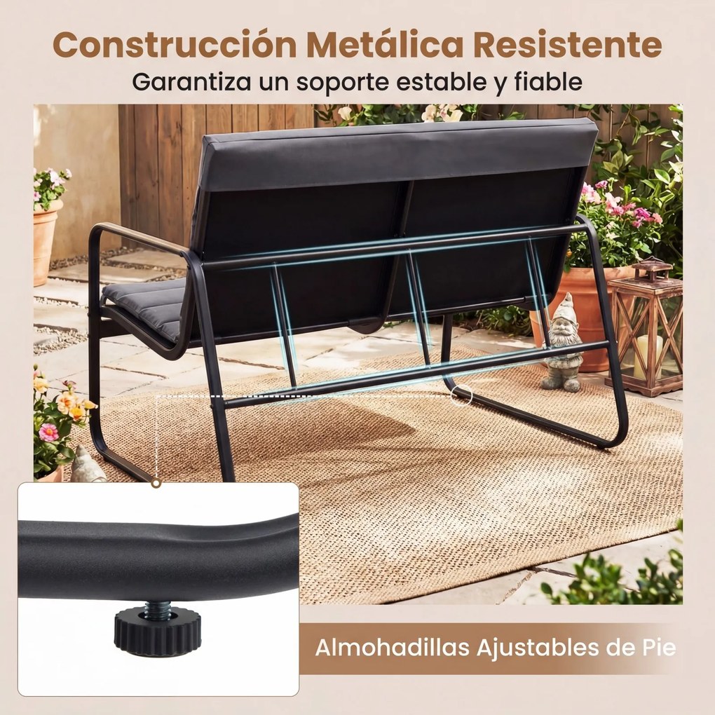 Conjunto de 4 Peças para Exterior: Sofá de 2 Lugares, 2 Cadeiras e Mesa de Centro, 75 x 44 x 41 cm, Almofadas Removíveis, Preto+Cinza