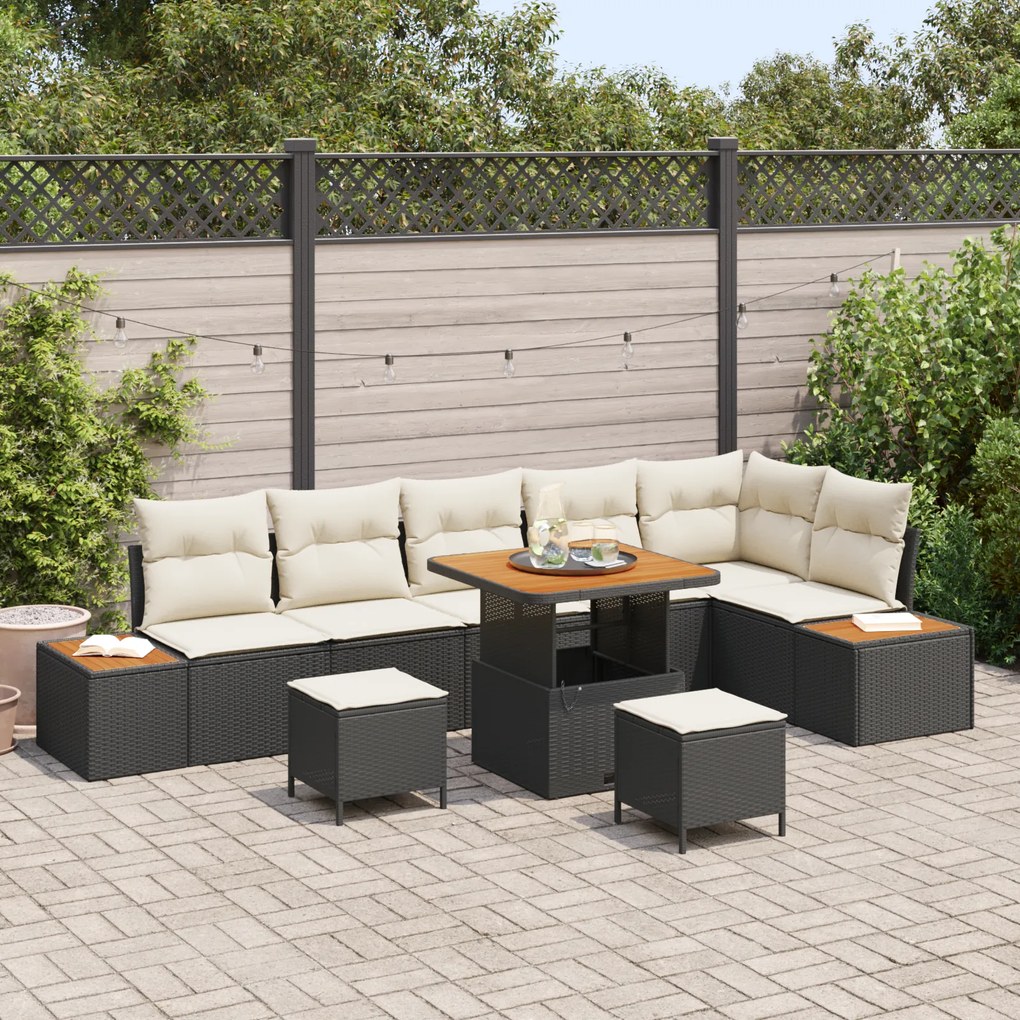 Conjunto de Sofá de Jardim de 9 Peças com Almofadas Preto Rattan Polím