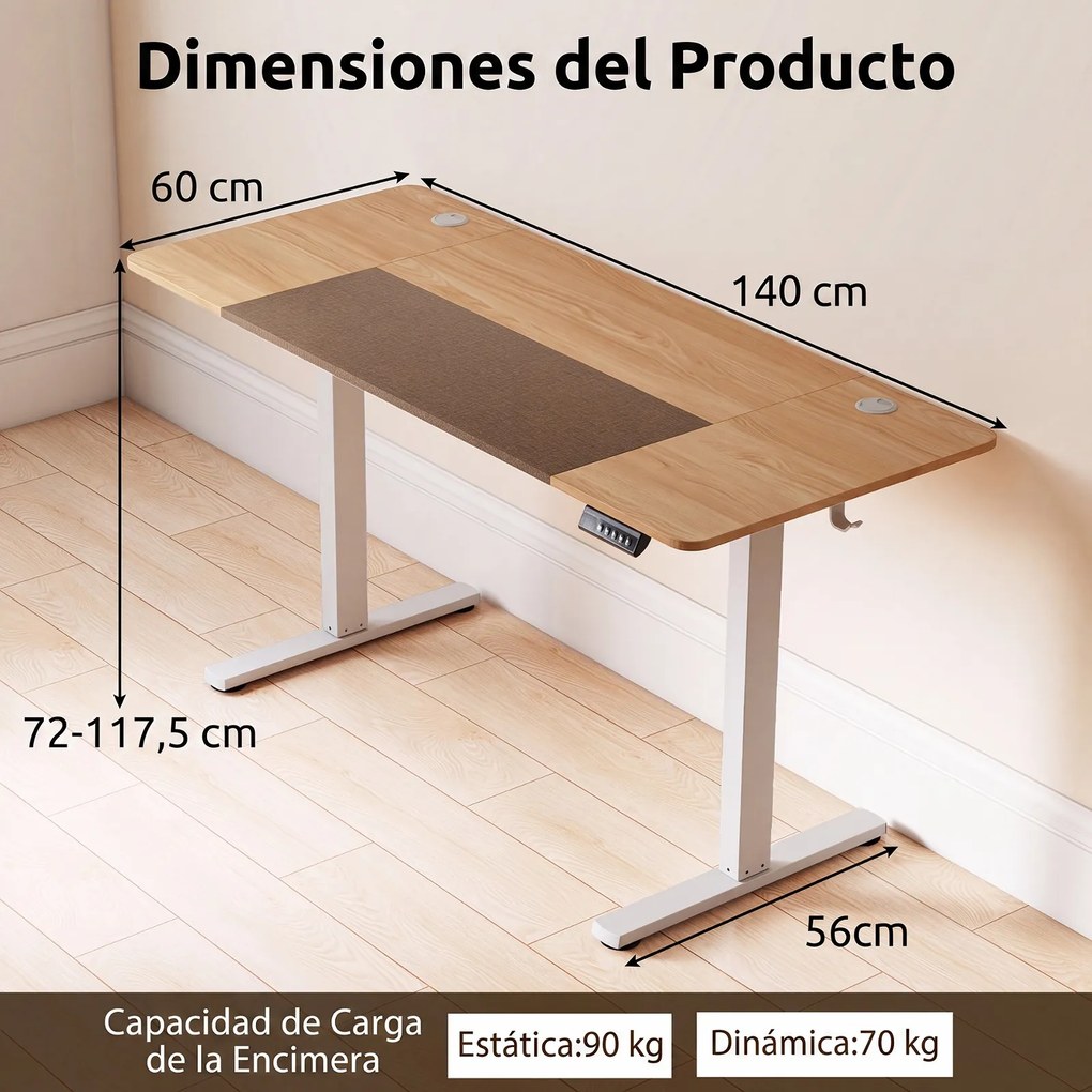 Secretária Elétrica para Escritório, 140 x 60 x 72-118 cm, Regulável com 3 Memórias, Natural + Branco