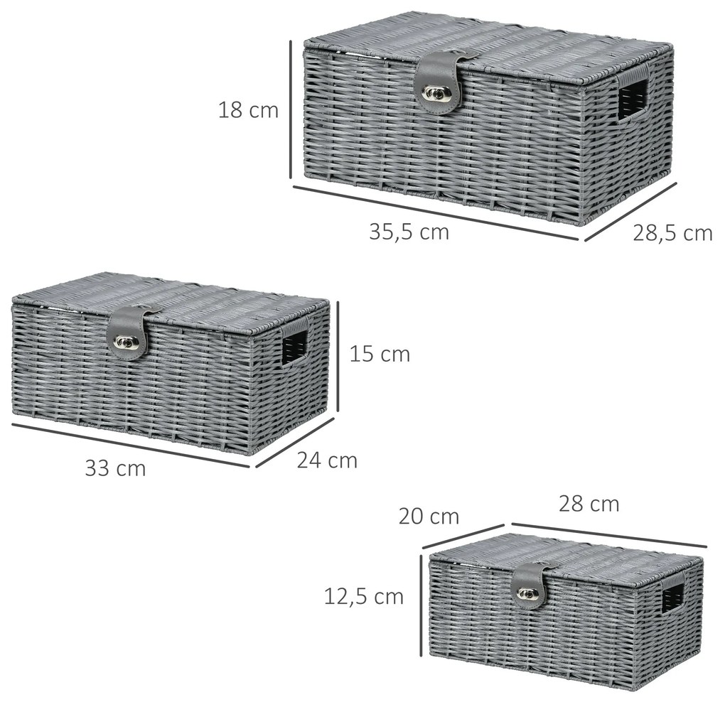 Caixas de Armazenamento de Vime Sintético 3 Peças de Caixas de Armazenamento com Tampa e Fechadura para Livros Brinquedos Organizadores para Dormitóri