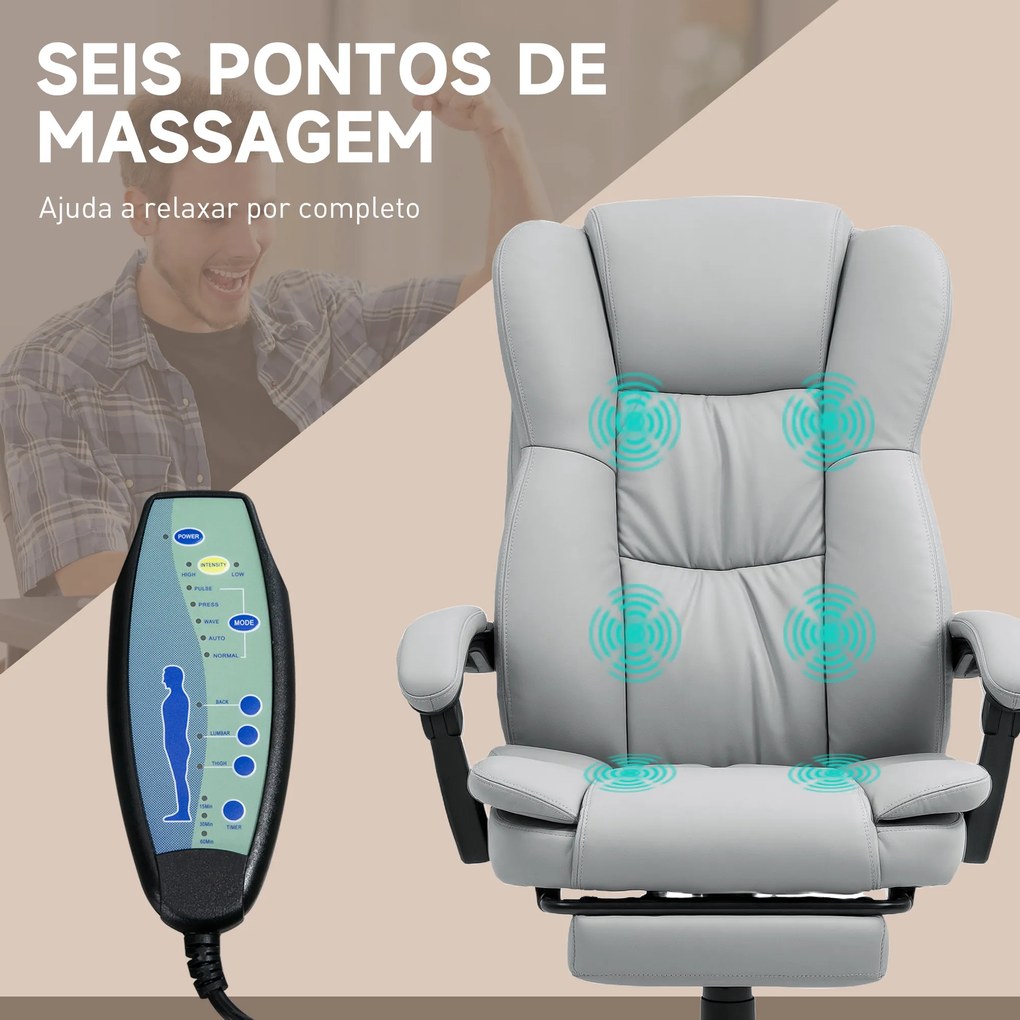 Cadeira de Escritório com Altura Ajustável 6 Pontos de Massagem e Apoio para os Pés Retrátil 68,5x68,5x113-121 cm Cinza