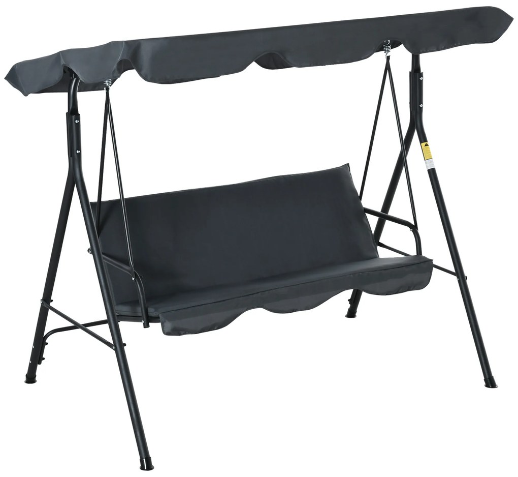 Outsunny Baloiço de Jardim de 3 Lugares com Almofada Toldo Ajustável e Estrutura de Metal para Balcão Terraço Patio Carga Máx. 200kg 172x110x153cm Cinza