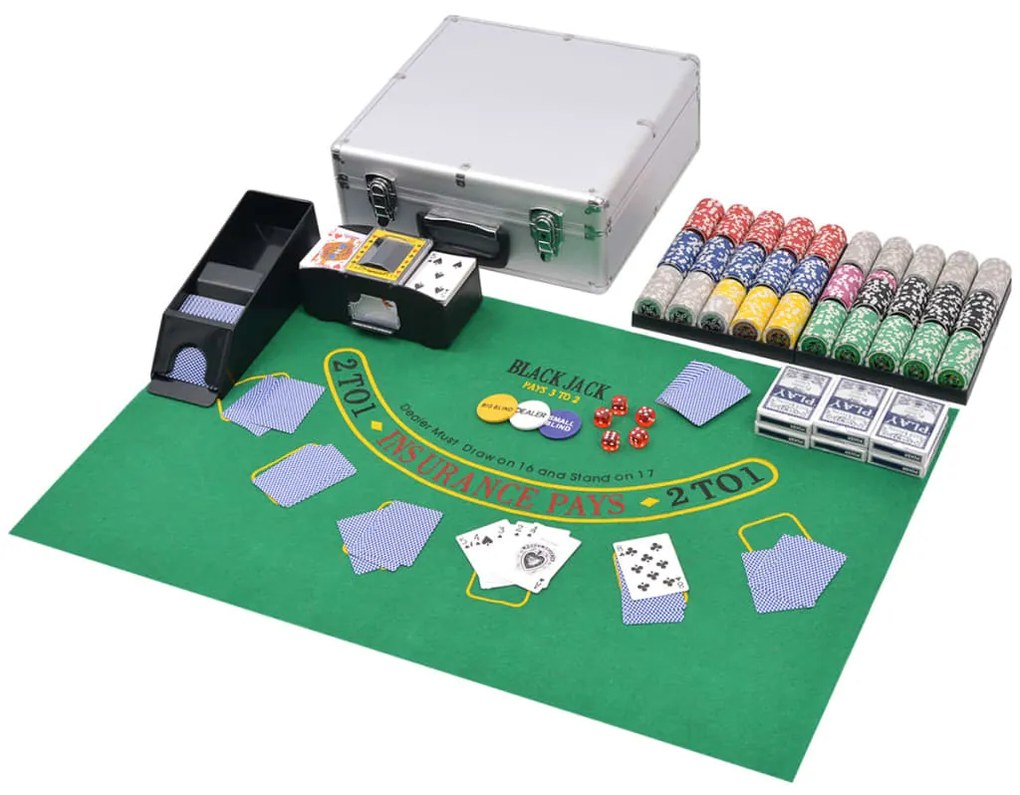 Conjunto de póquer/blackjack com 600 fichas em alumínio