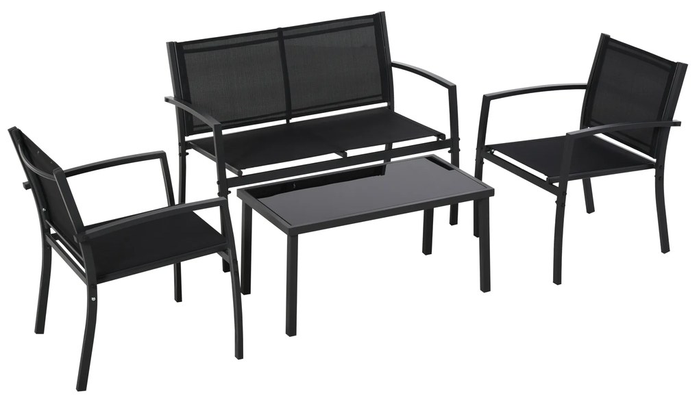 Outsunny Conjunto de Móveis de Jardim Conjunto de 4 Peças com 2 Poltronas 1 Sofá de 2 Lugares e Mesa de Centro com Tampo de Vidro Preto