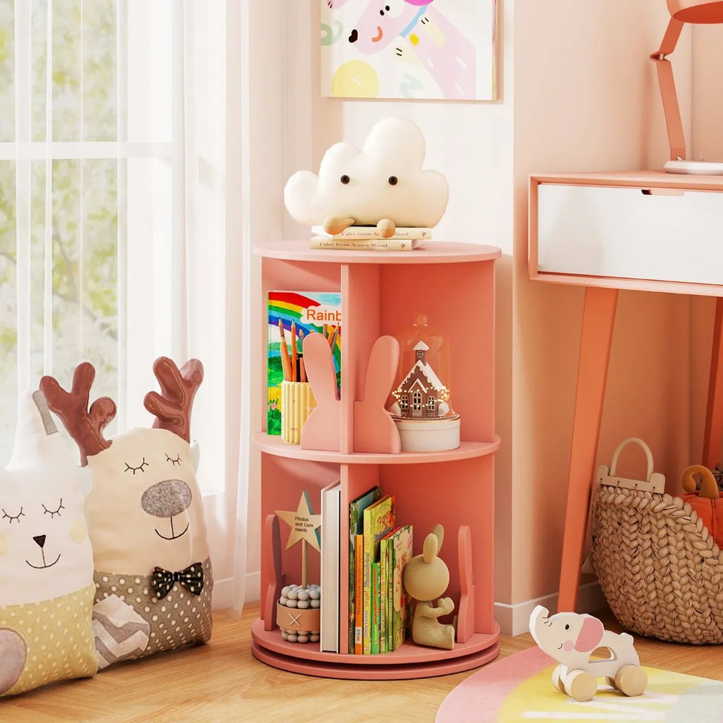 Estante giratória para crianças 40 x 40 x 65 cm Estante infantil com 2 níveis e separadores em forma de coelho  Rosa