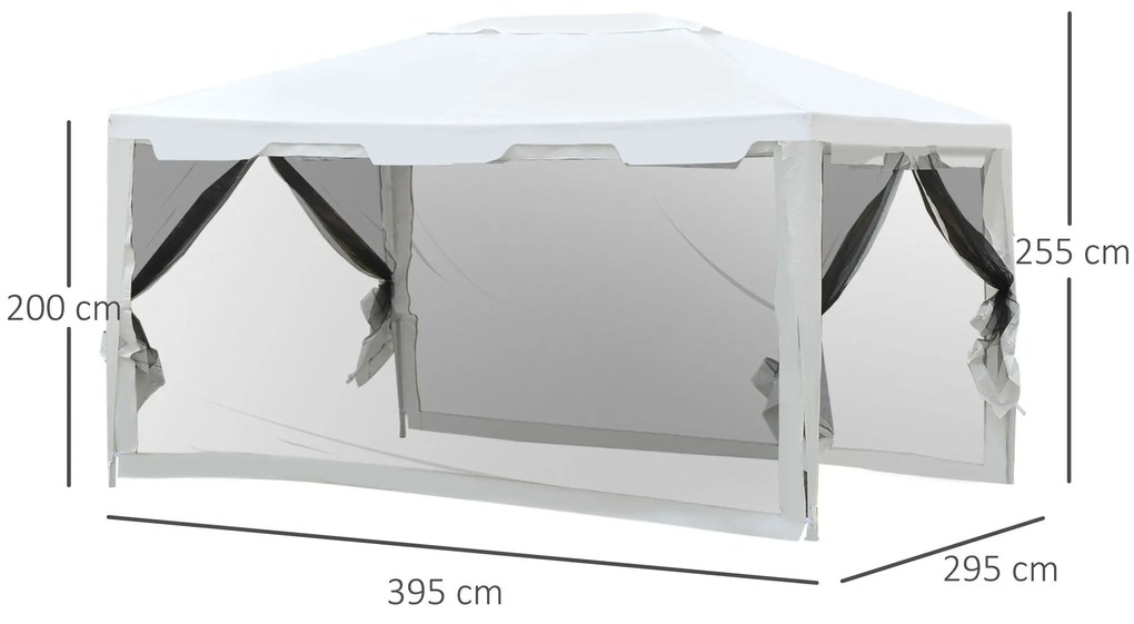 Tenda Pérgola de jardim 4x3 m com redes mosquiteiras laterais de telhado duplo e portas com fecho preto e branco