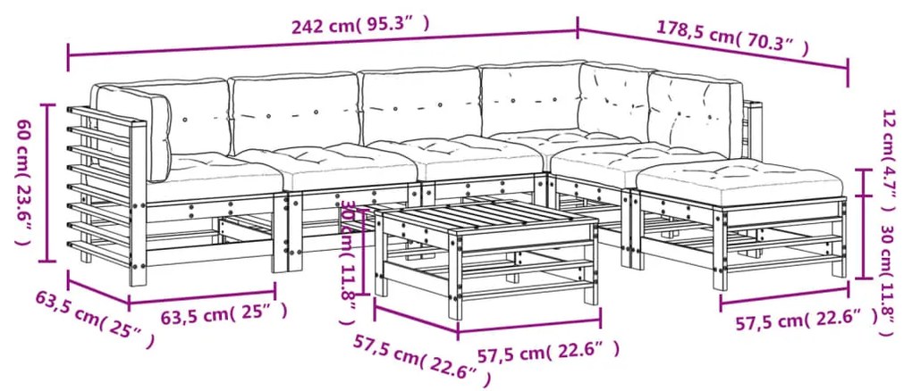 7pcs conj. lounge jardim+almofadões madeira maciça castanho-mel