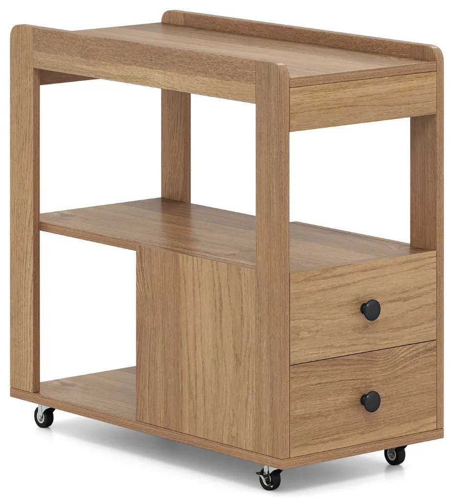 Mesa Lateral para Sofá ou Mesa de Cabeceira 65 x 30 x 62 cm com 2 Gavetas e Prateleiras Abertas com Rodas para Sala Natural