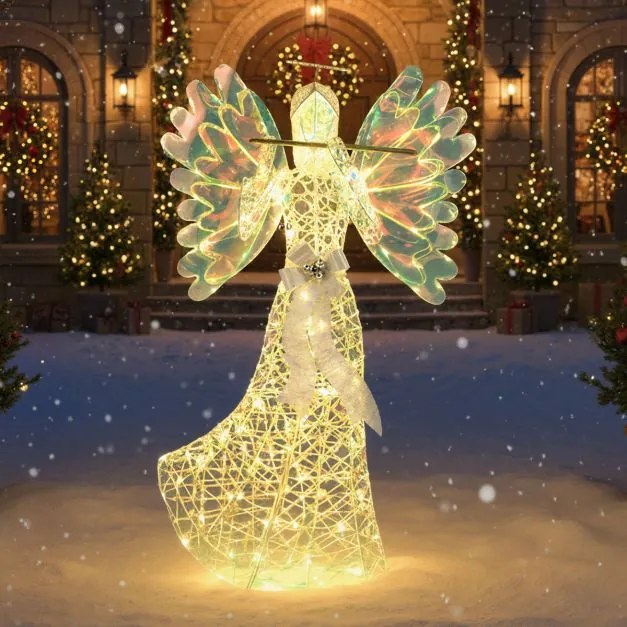Anjo de Natal LED 158 cm com auréola e flauta pré-iluminado com 250 luzes para interior e exterior com laços branco quente