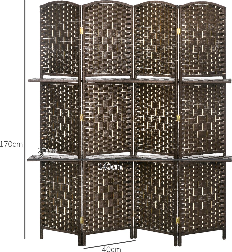 Biombo Separador de Ambientes 4 Painéis 160x170 cm com 2 Prateleiras Dobrável de Fibra de Papel Castanho