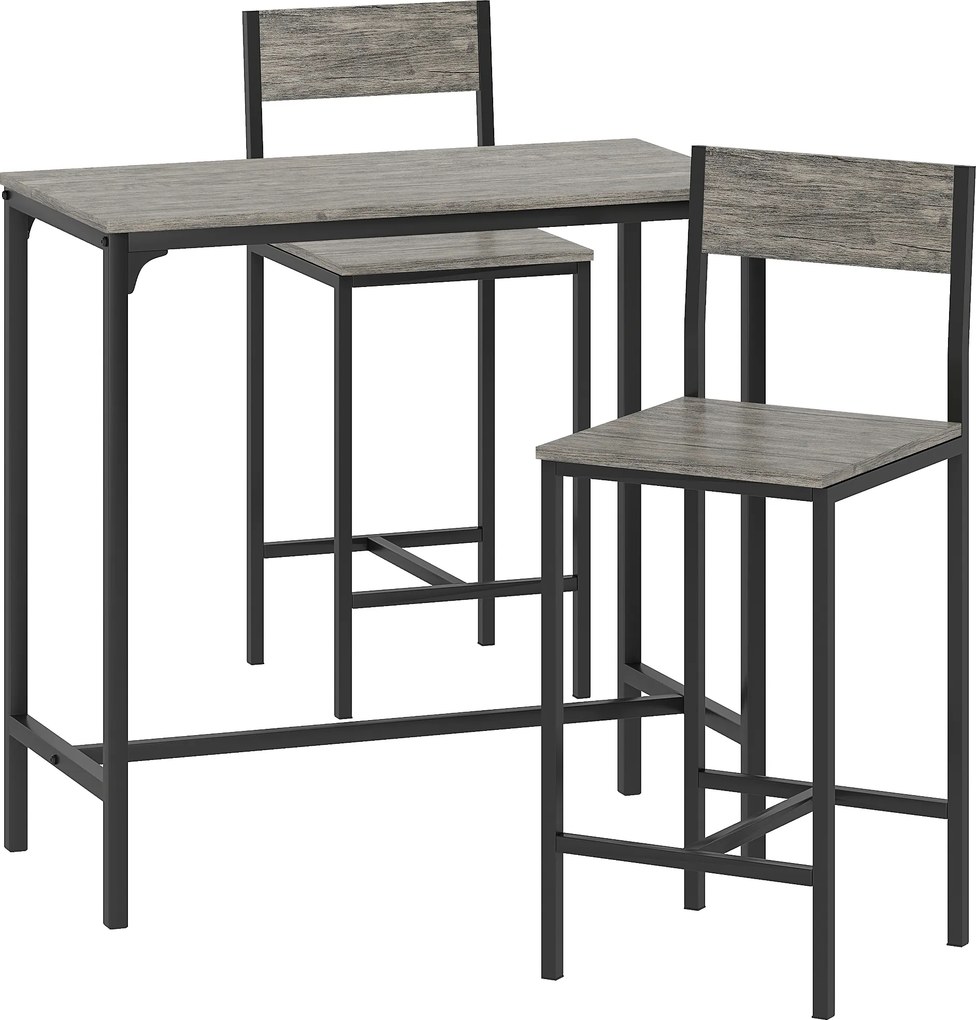 HOMCOM Conjunto mesa de bar com banquetas, mesa alta com 2 banquetas de bar, apoio para os pés e encostos, cinza | Aosom Portugal