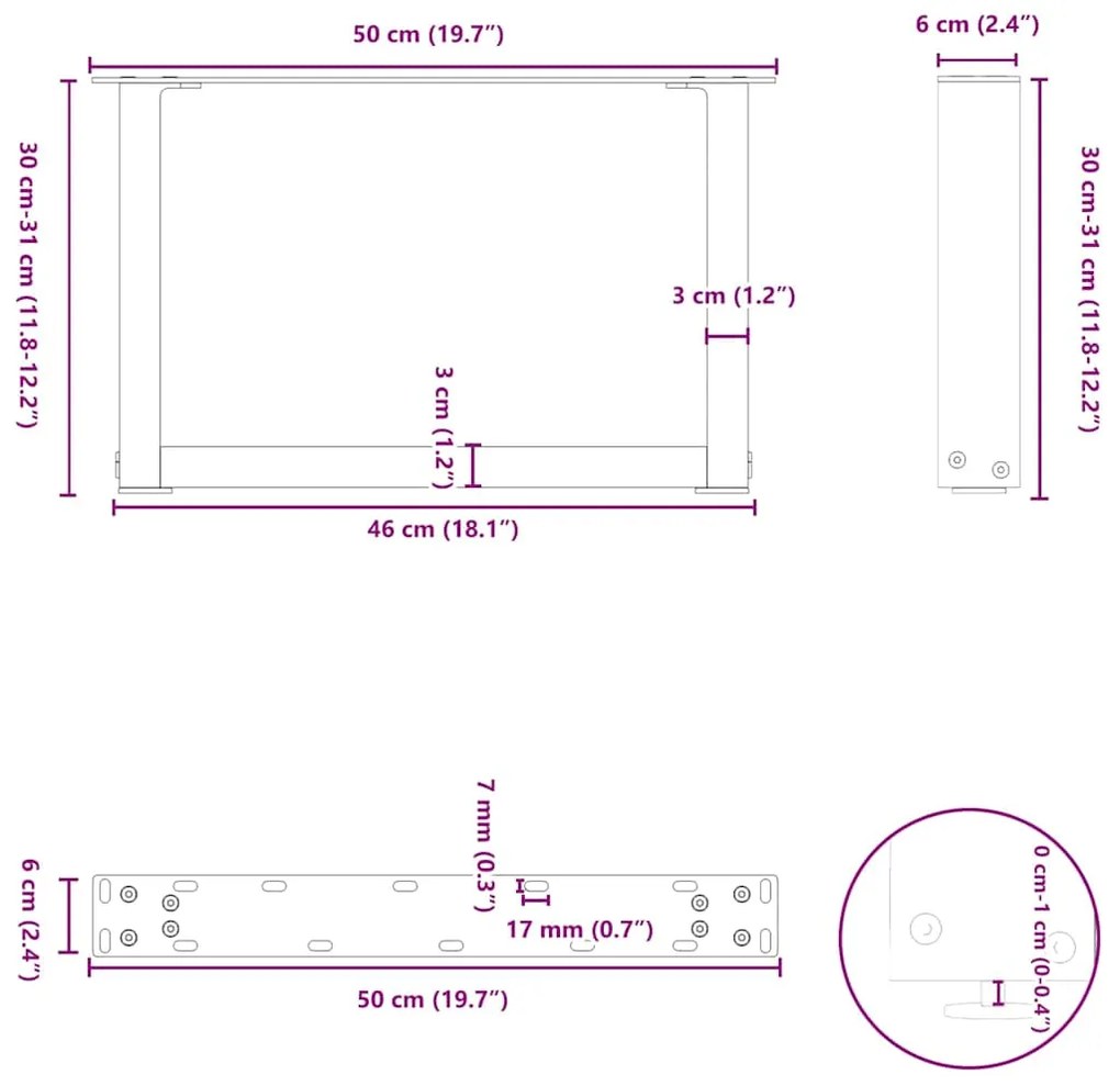 Pés para mesa de centro em formato de U, 2 peças, preto, 50x(30-31) cm