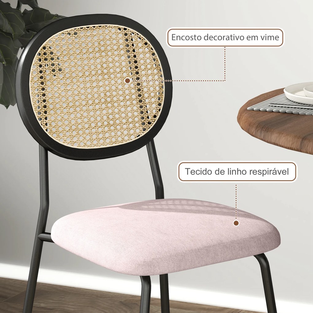 Conjunto de 2 Cadeiras de Sala de Jantar Cadeiras de Cozinha com Encosto em Vime Sintético 44x54x87 cm Rosa e Preto