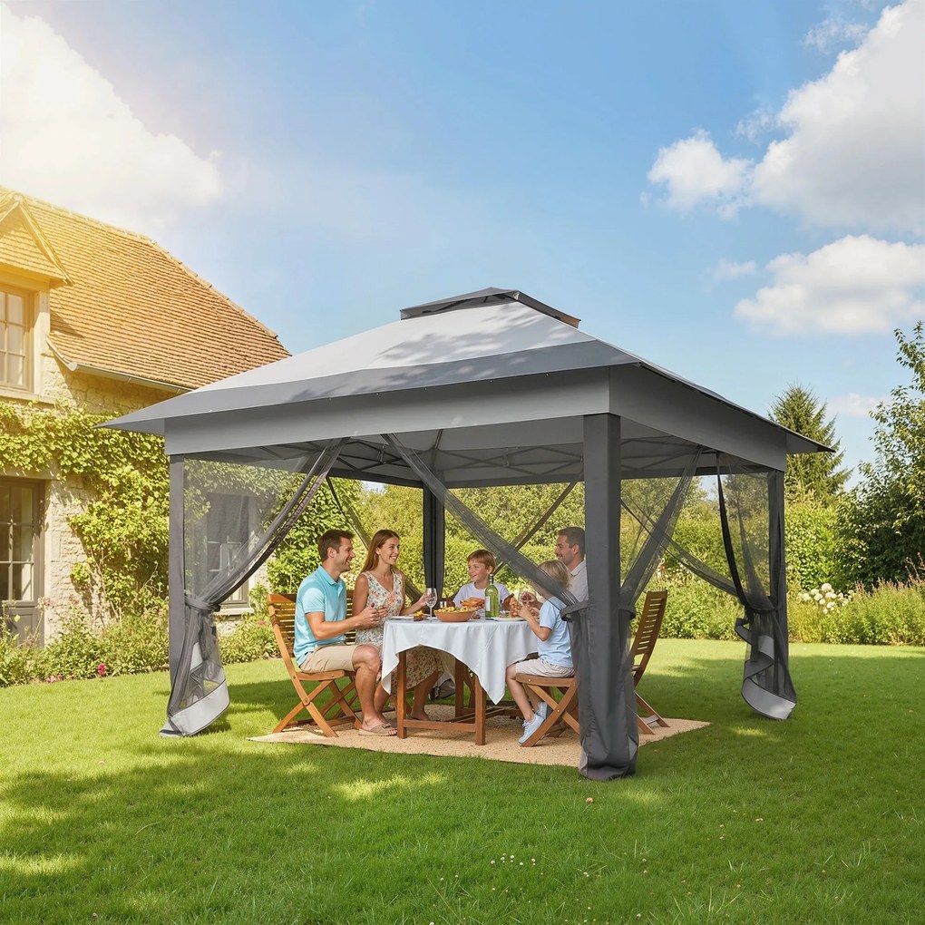 Tenda de Jardim Pop-up, 364 x 364 x 298 cm, Com Redes Mosquiteiras, Cinzento