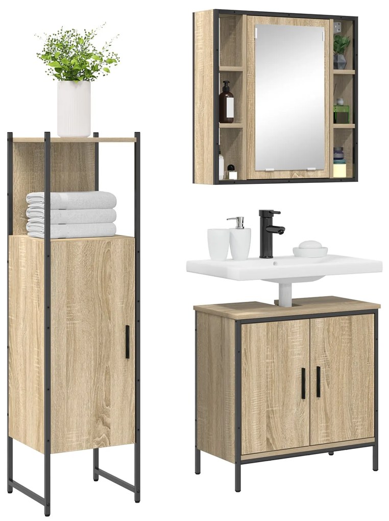 Conjunto de Móveis para Casa de Banho 3 Peças Carvalho Sonoma Madeira