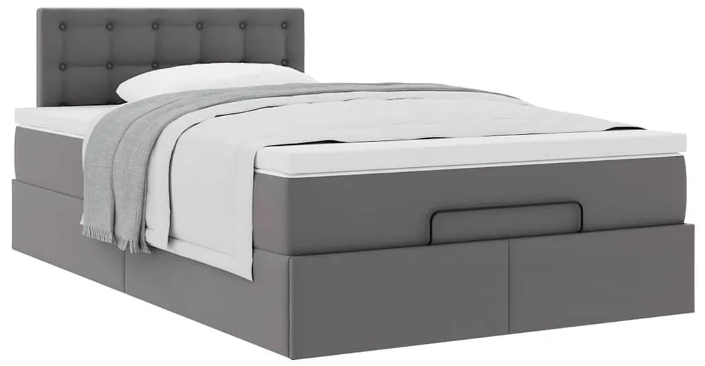 Estrutura de cama otomana com colchão cinza couro falso