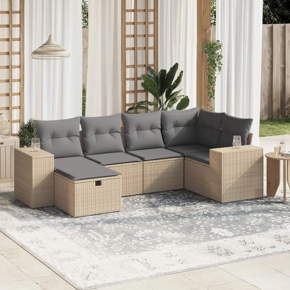 6 pcs conj. sofás jardim c/ almofadões vime PE bege misturado