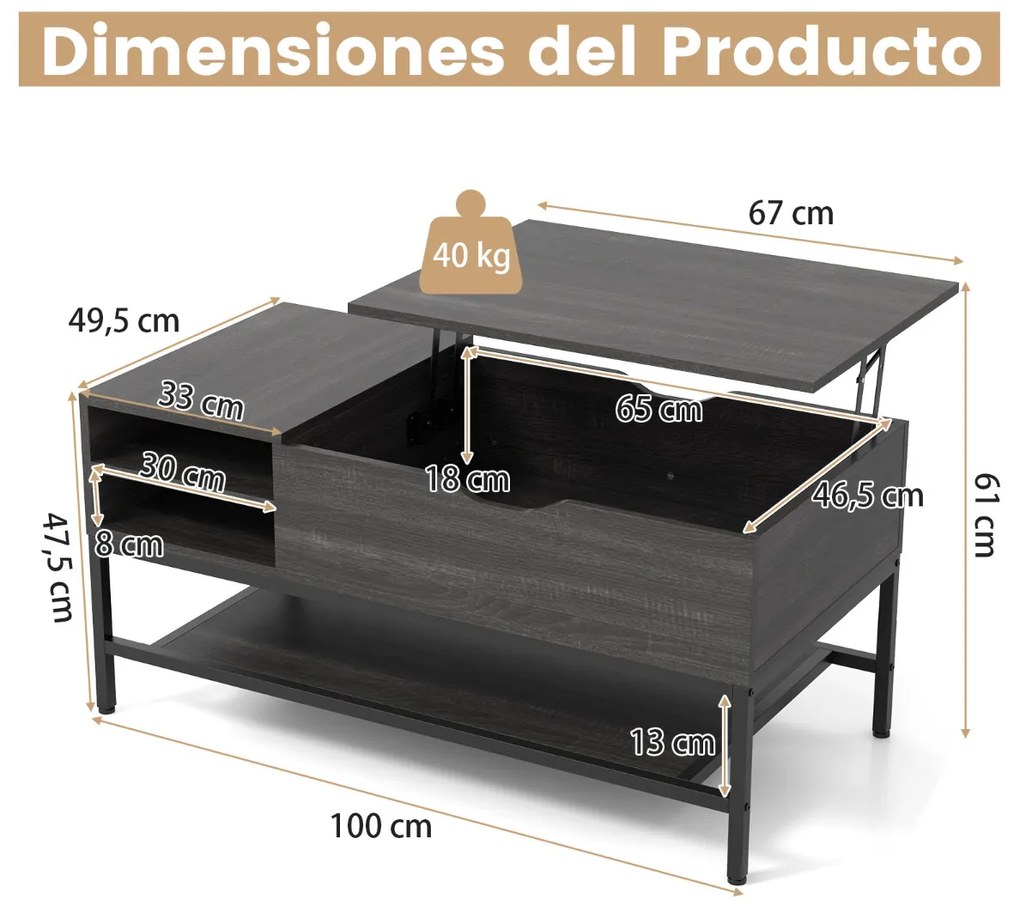 Mesa de centro elevável com compartimento oculto e prateleira de arrumação extraível Estrutura metálica Cinzenta