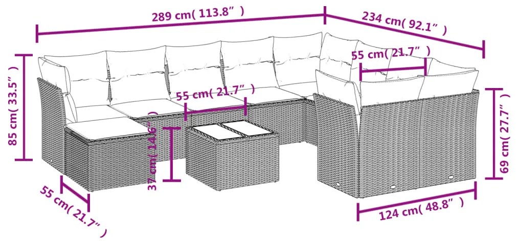 11 pcs conjunto sofás de jardim c/ almofadões vime PE castanho