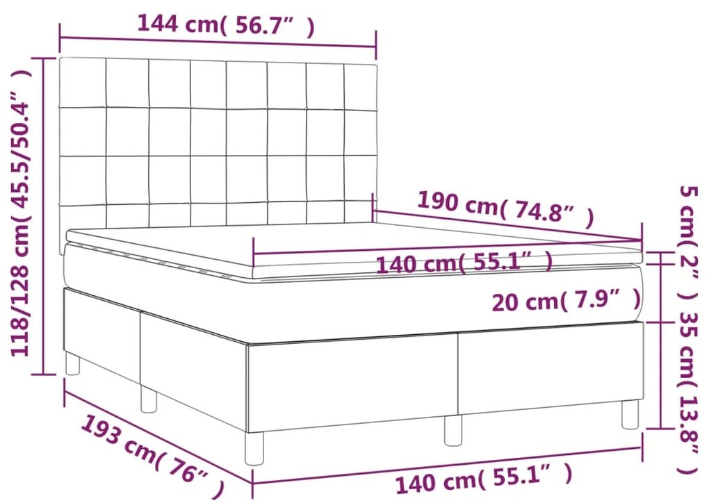 Cama box spring c/ colchão e LED 140x190 cm tecido preto