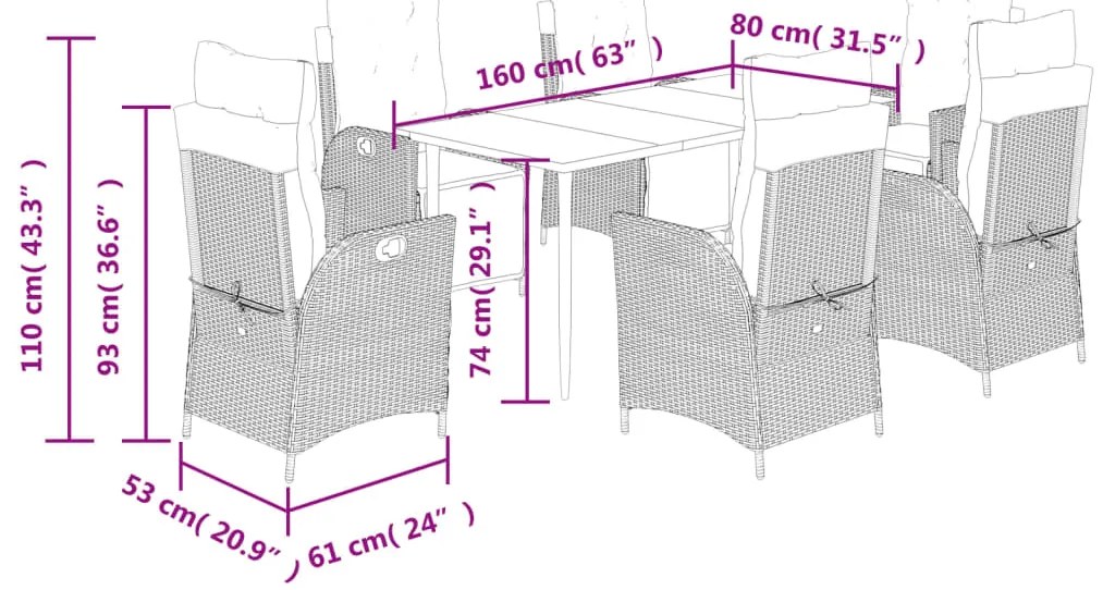 7 pcs conjunto de jantar p/ jardim c/ almofadões vime PE cinza