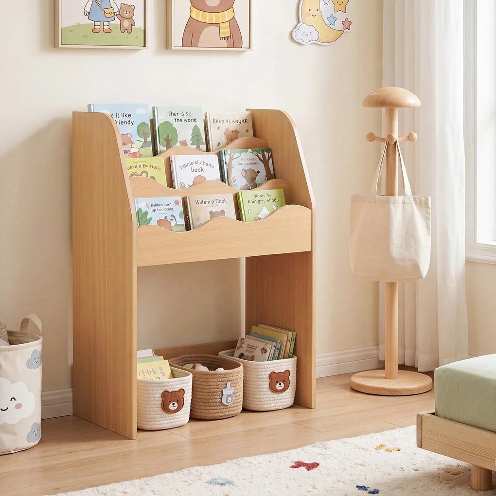 Estante Infantil para Brinquedos, 49,5 x 30 x 76 cm, Gaveta com Rodas Removível, Natural