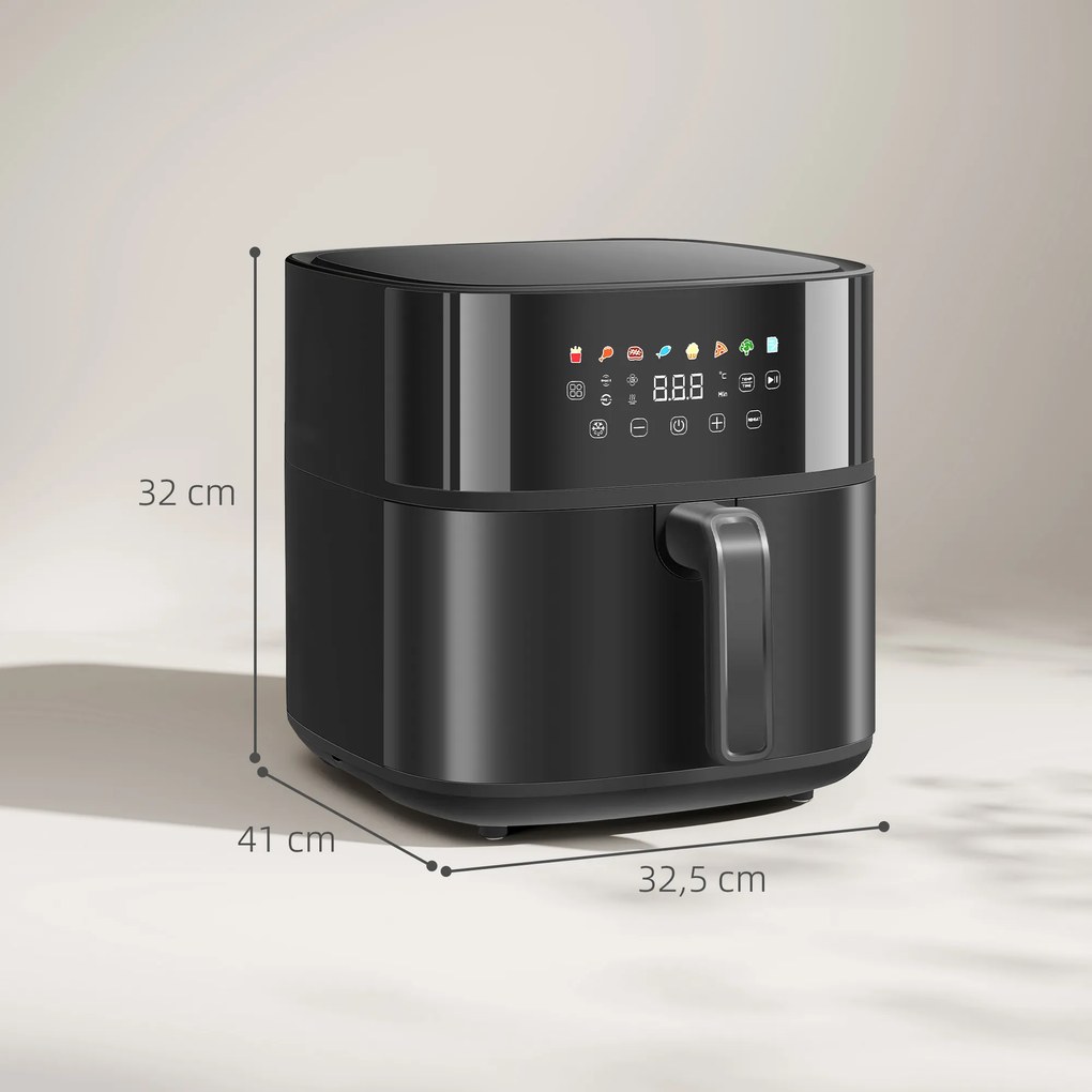 Fritadeira sem Óleo 8 L Air Fryer 1700 W com Temperatura Regulável 80-200°C 8 Programas Painel Tátil Temporizador 32,5x41x32 cm Preto