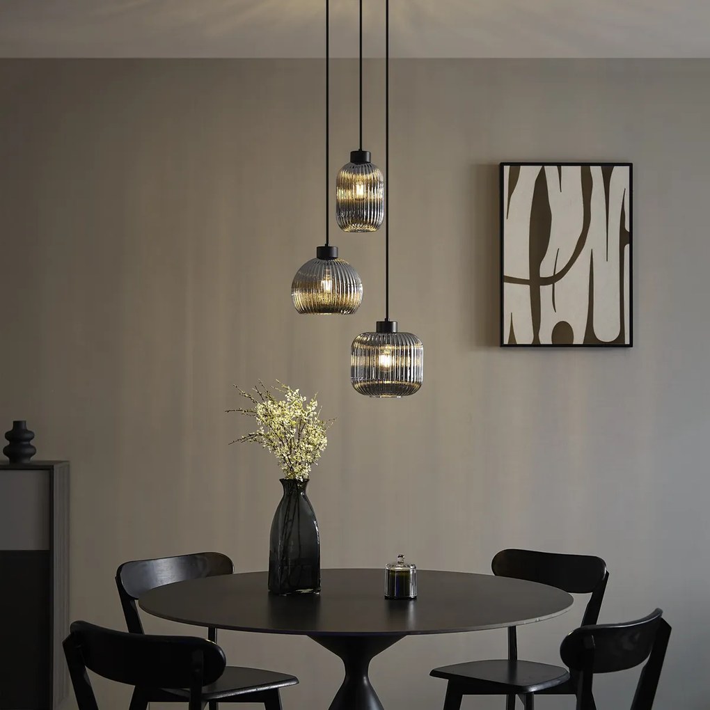 Candeeiro suspenso de design preto com vidro fumado e 3 luzes - Ana