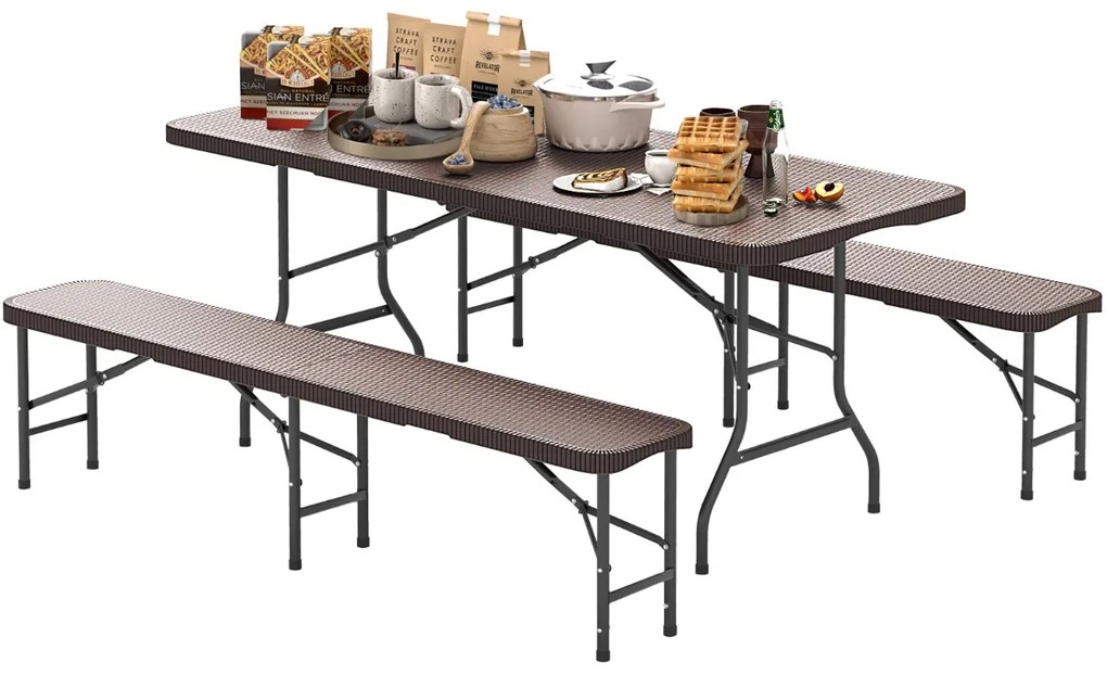 Mesa e 2 bancos para piquenique de 180 cm com superfície em HDPE portátil para acampamento Café