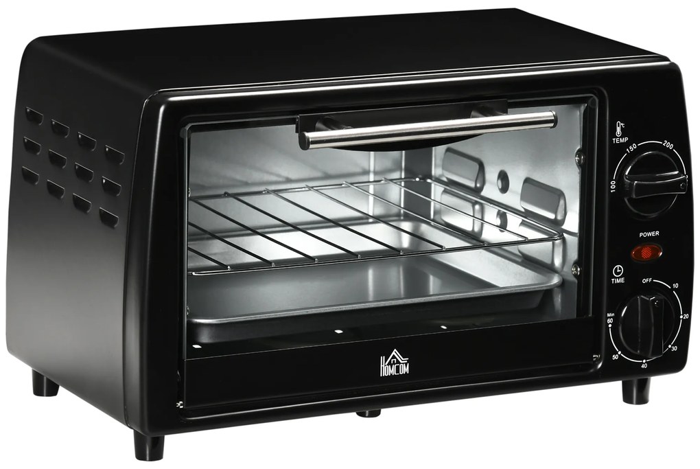 HOMCOM Mini Forno Elétrico 10 Litros 750W com Temperatura até 230°C Temporizador 60 Minutos Bandeja e Grade 36,5x26x22cm Preto