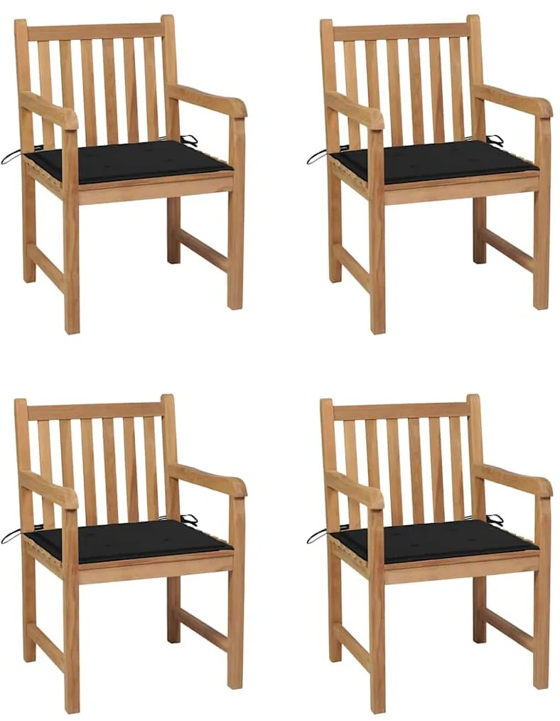 vidaXL Cadeiras de jardim c/ almofadões pretos 4 pcs teca maciça