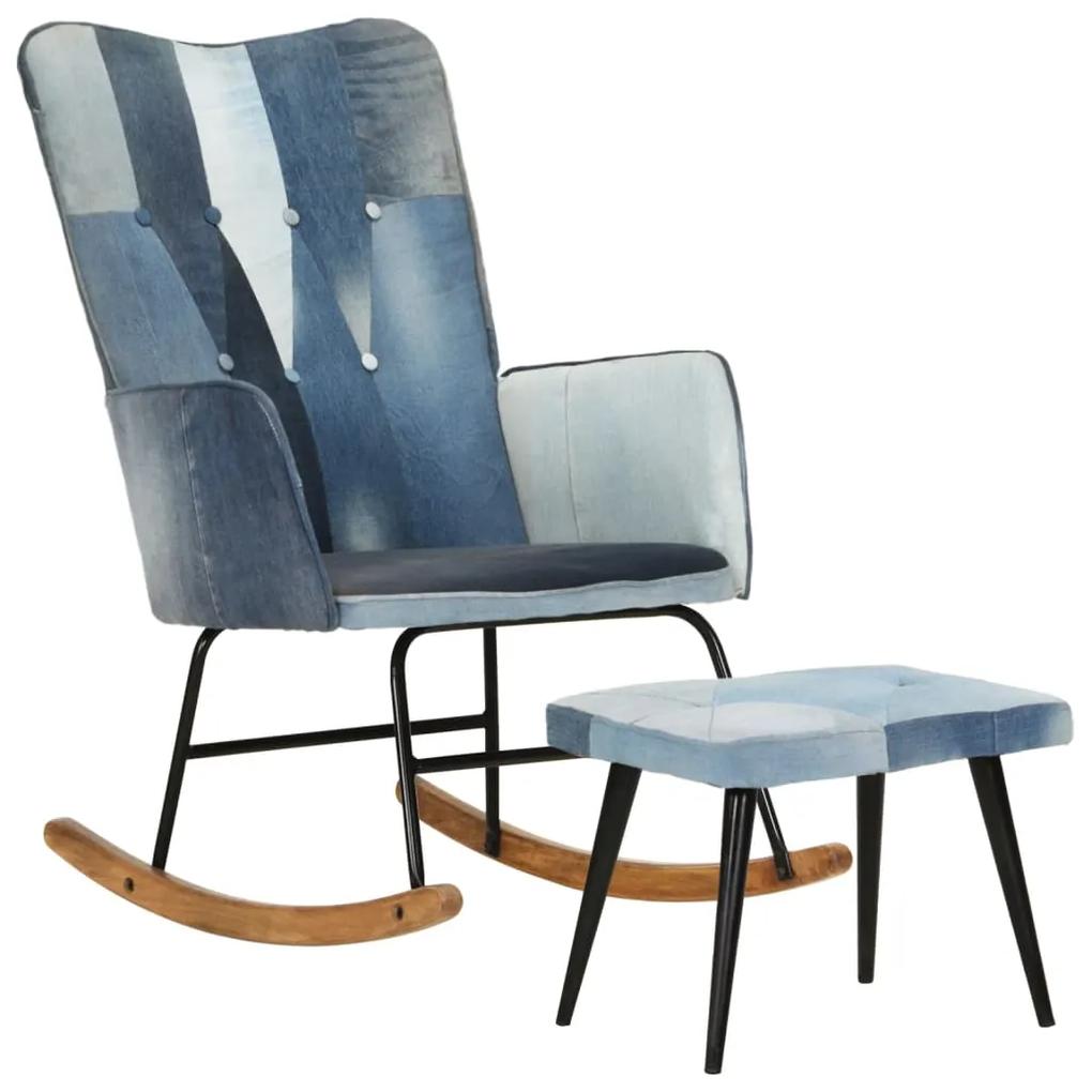 Cadeira de balanço com apoio de pés remendos lona azul denim