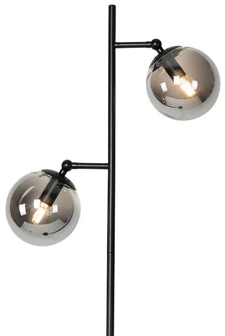 Candeeiro de pé Art Déco preto vidro fumê 2 luzes - PALLON Art Deco