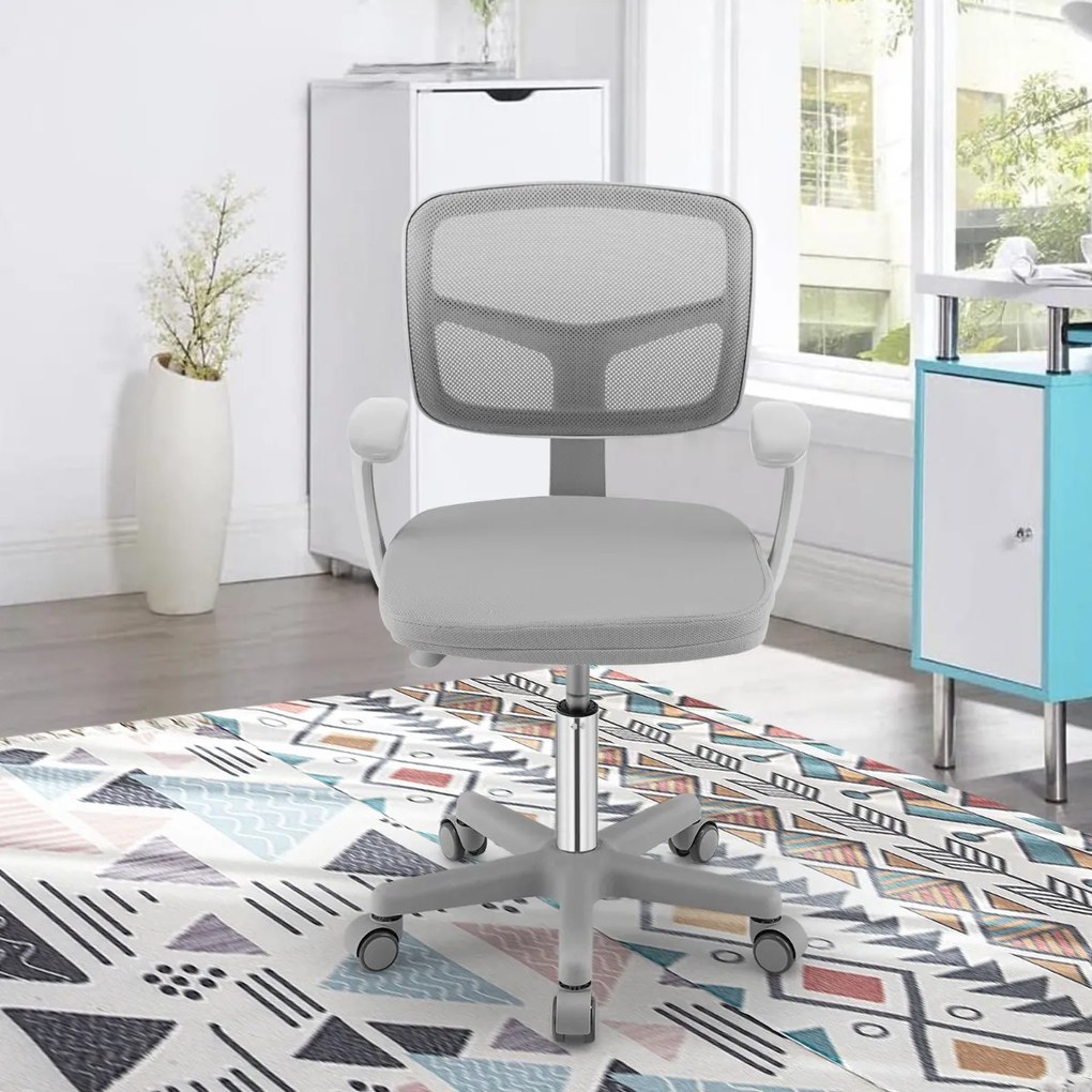 Cadeira Secretária para Crianças Ergonómica com Rodas Cadeira Giratória Altura Ajustável Apoio Lombar Cinza