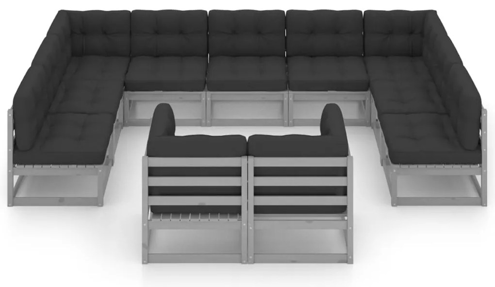11 pcs conj. lounge jardim c/ almofadões pinho maciço cinzento