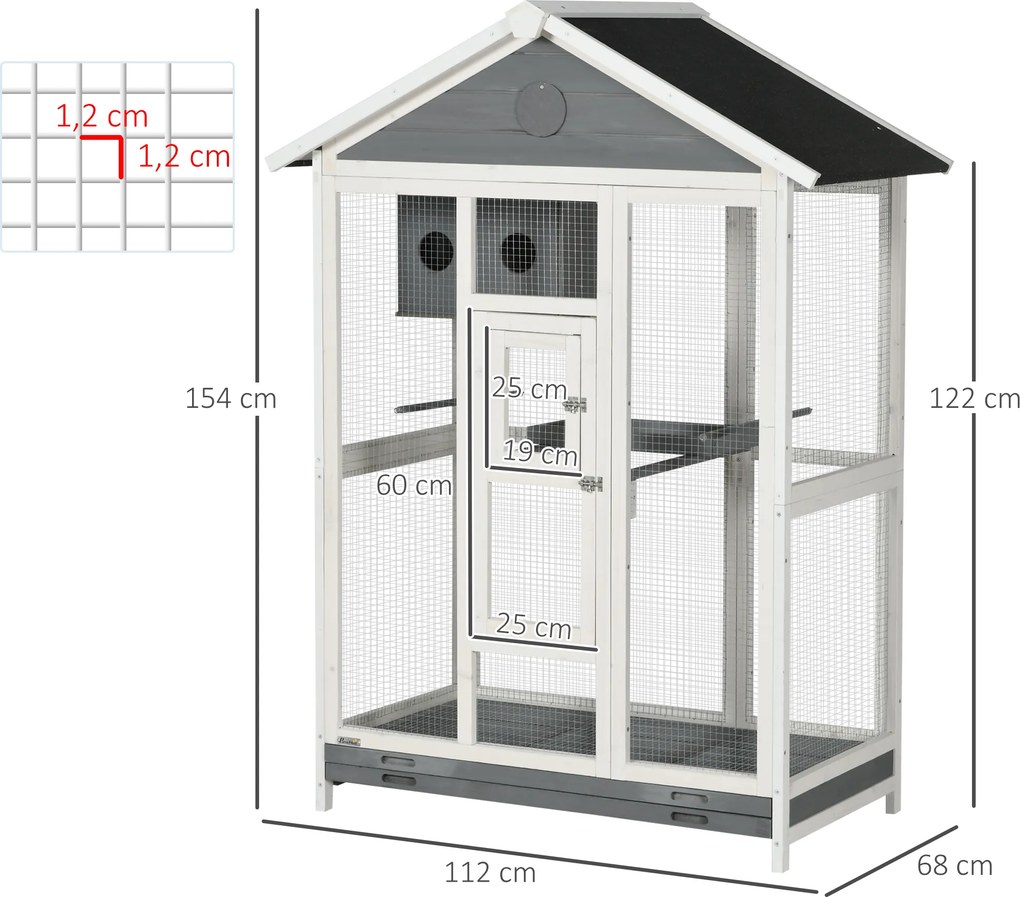 Gaiola grande para pássaros 112 x 68 x 154 cm, para interior e exterior, com 4 poleiros e tabuleiro de areia deslizante, cinzenta