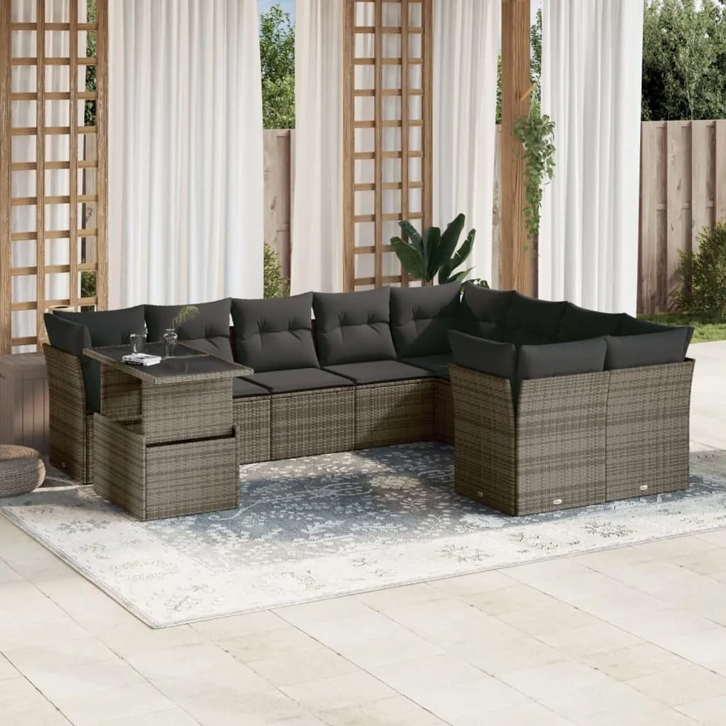 vidaXL 10 pcs conjunto sofás de jardim c/ almofadões vime PE cinzento