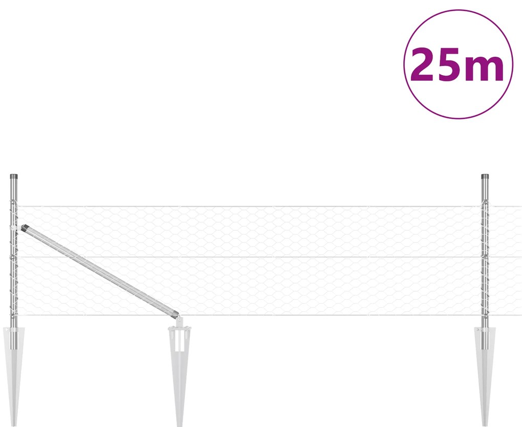 Cerca Hexagonal com 13 Postes de Espeto 0,5x25 m Aço Galvanizado