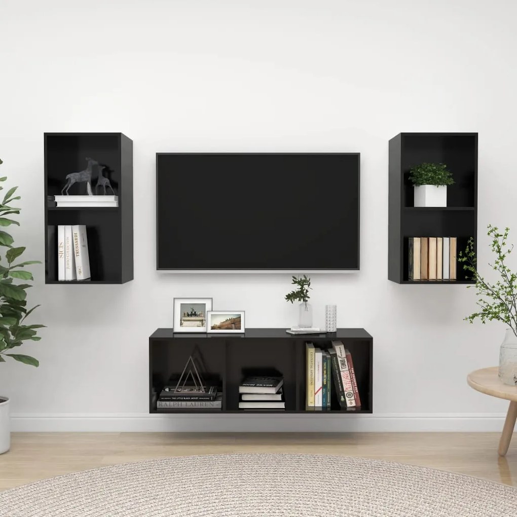 3 pcs conjunto móveis de TV derivados madeira preto brilhante