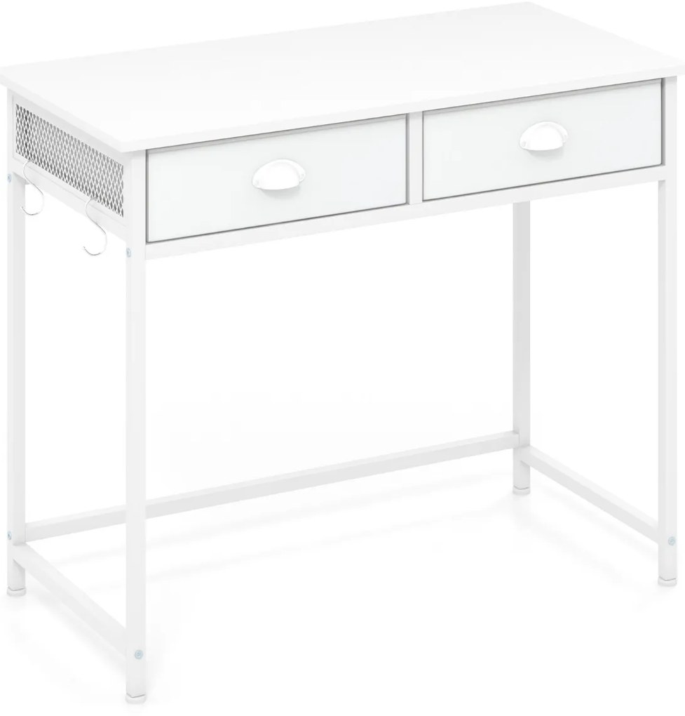 Secretária compacta com 2 gavetas em tecido, 4 ganchos para pendurar e estrutura em metal 90 x 45 x 75 cm Branca