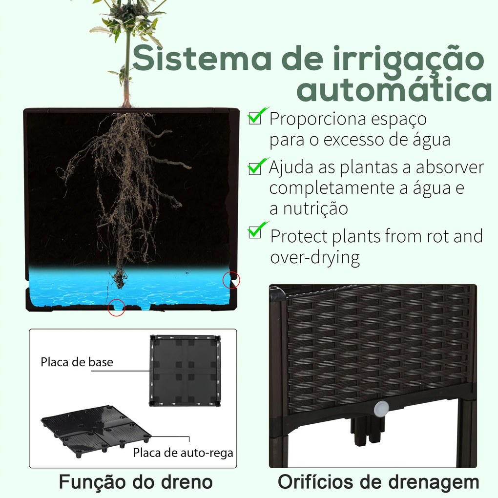 Conjunto de 4 Floreiras Quadradas Floreiras para Flores e Vegetais com Orifícios de Drenagem e Pés Altos 80x40x26-44 cm Castanho