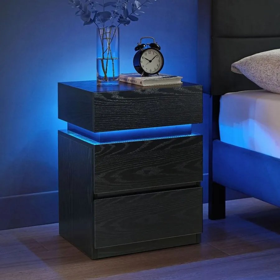 Conjunto de 2 mesas de cabeçeira com iluminação LED e 3 gavetas 35 x 40 x 55 cm, na cor preta