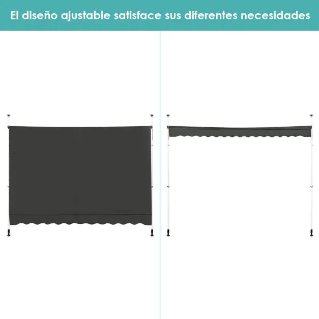 Toldo Telescópico e Retrátil 300 x 120 cm Resistente aos Raios UV Impermeável com Manivela Manual e Altura Ajustável para Janela Varanda Cinza